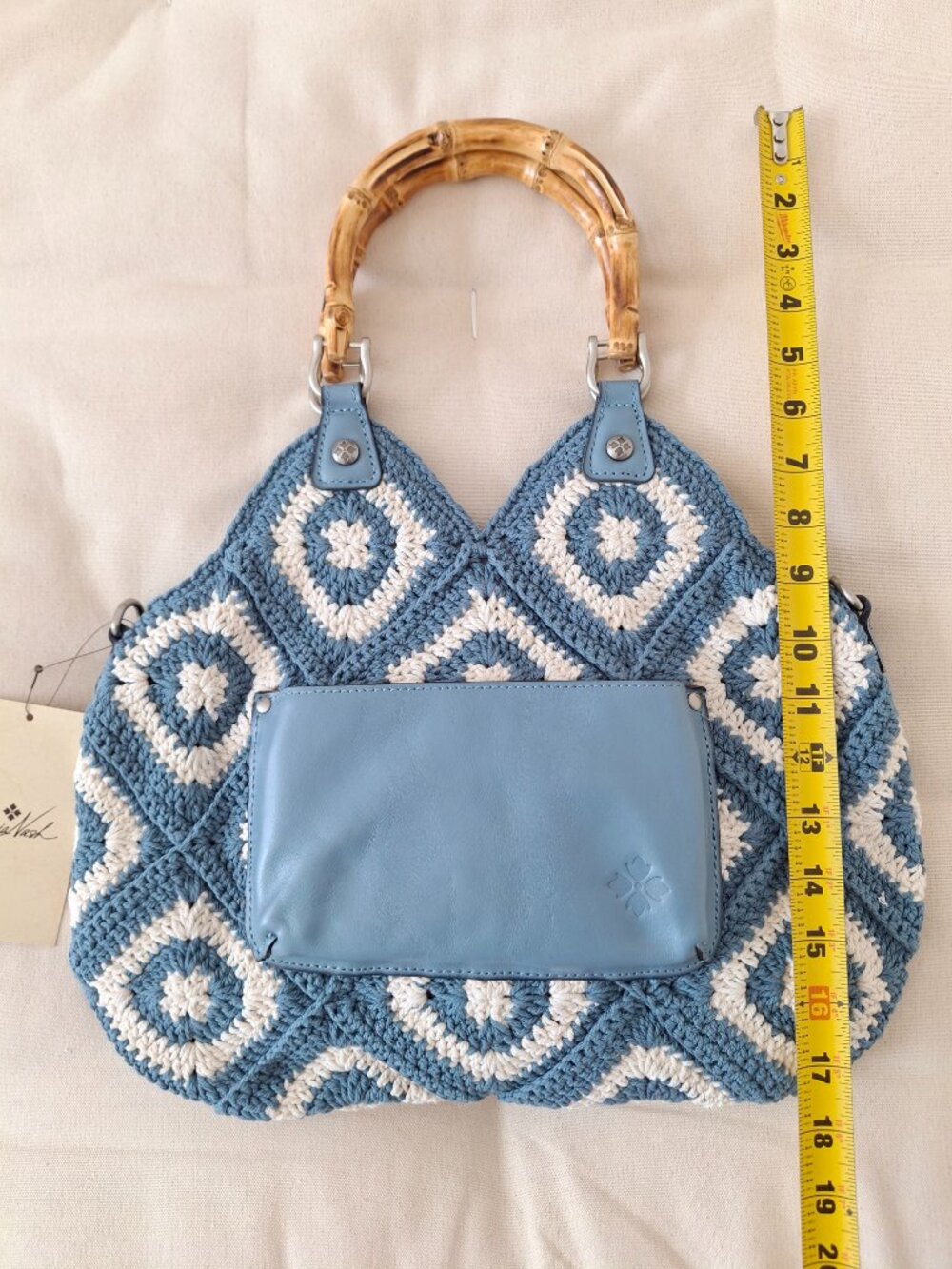 (New) Patricia Nash – Delphi Cotton Crochet & Leather Tote Crossbody (Blue Fog) - Picture 6 of 12